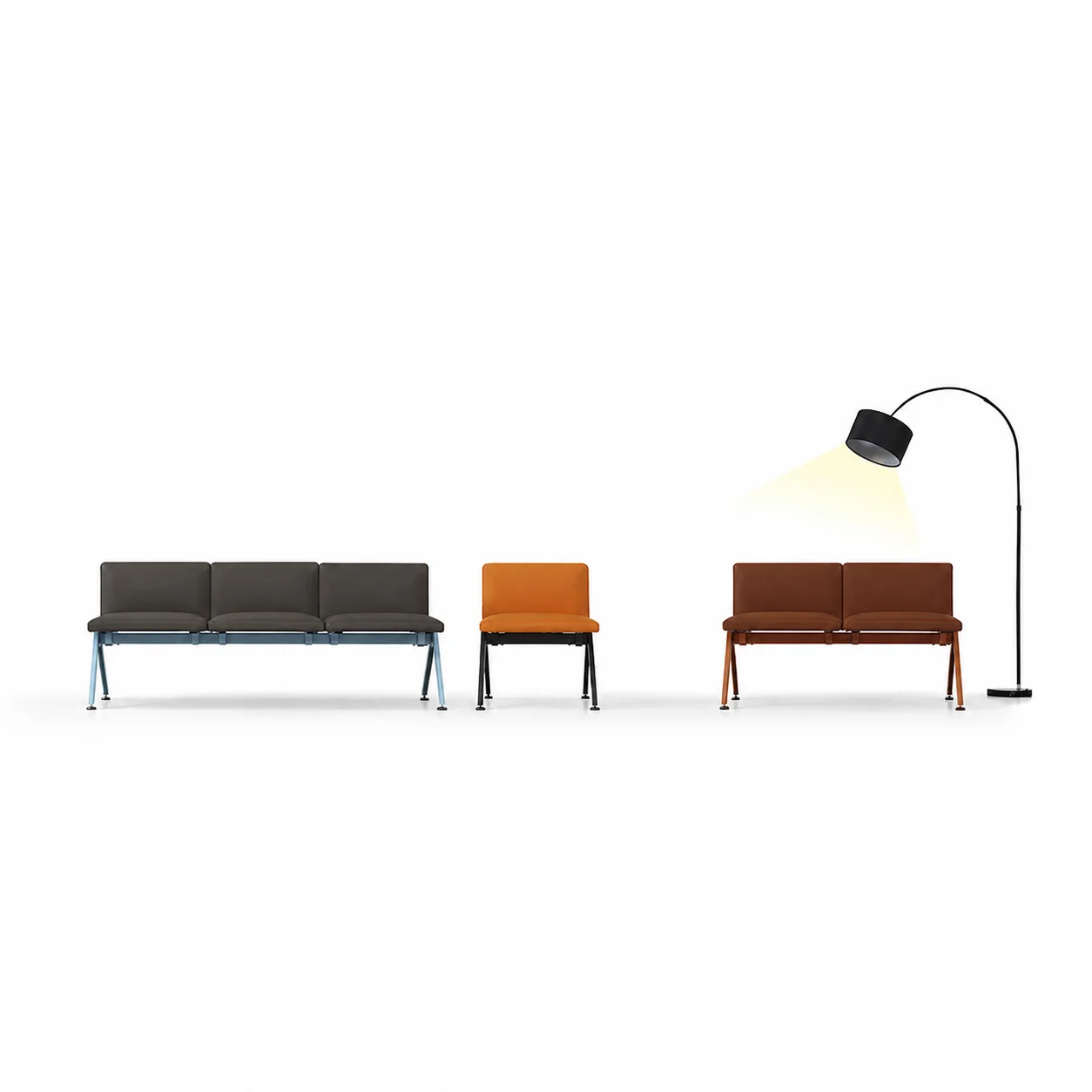 Three-seater fabric bench without armrests for airport terminal gates, high-capacity space-saving design for busy transportation hub waiting areas.