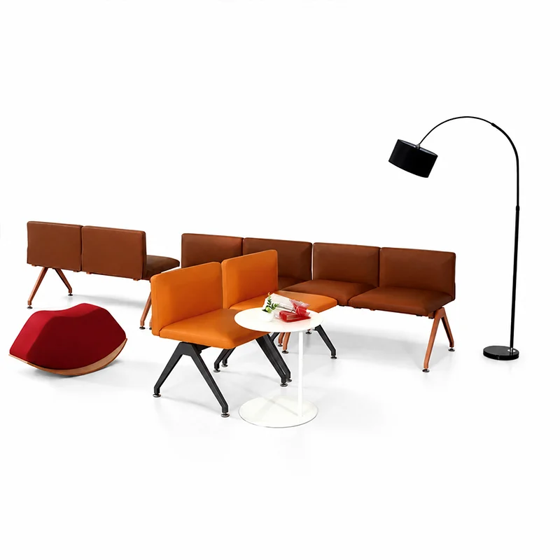 Three-seater fabric waiting bench with attached side table for magazines and phones, perfect for hospital patient waiting rooms and outpatient clinics.