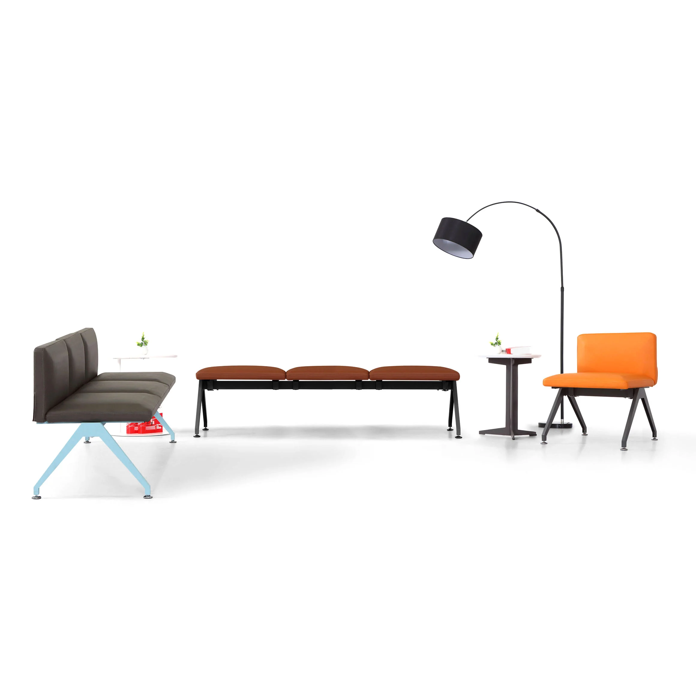Three-seater fabric bench without back design and heavy-duty steel frame, institutional seating for courthouses and government building waiting areas.