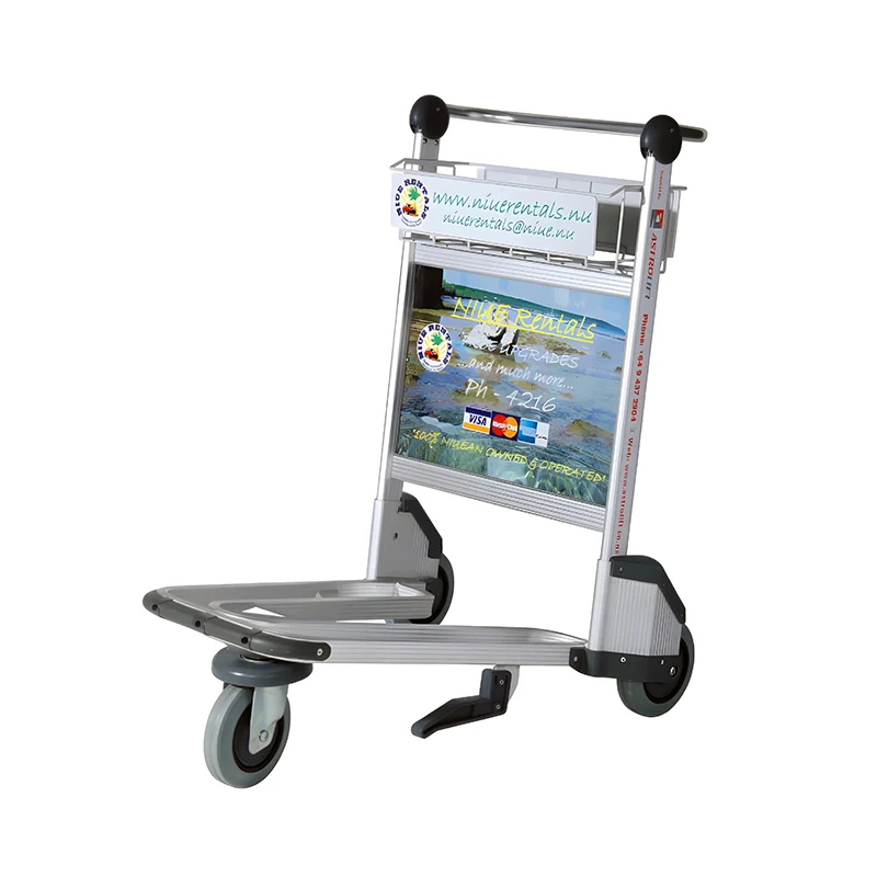 Three wheel aluminum luggage trolley for airport passenger use with nesting design for space saving storage.