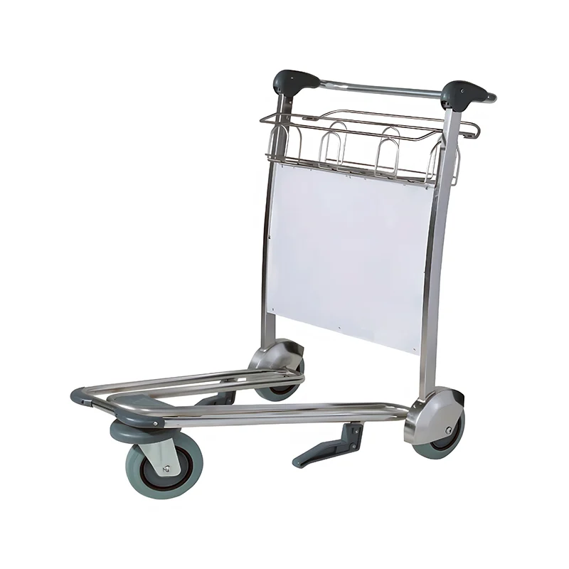 Three wheel stainless luggage trolley for airport passenger use with nesting storage design.