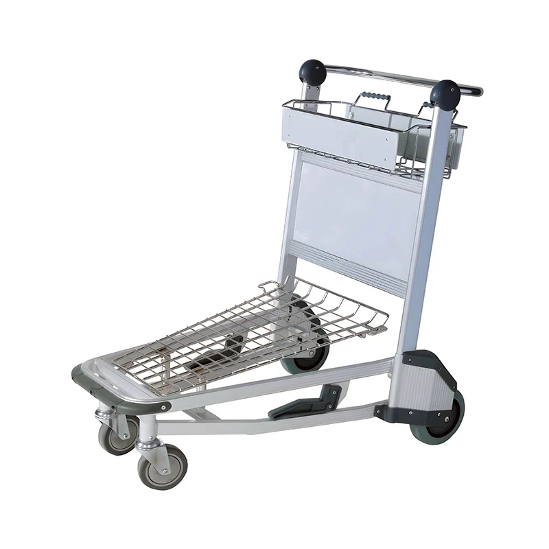 Four wheel aluminum airport cart offering enhanced stability for transporting oversized passenger luggage.