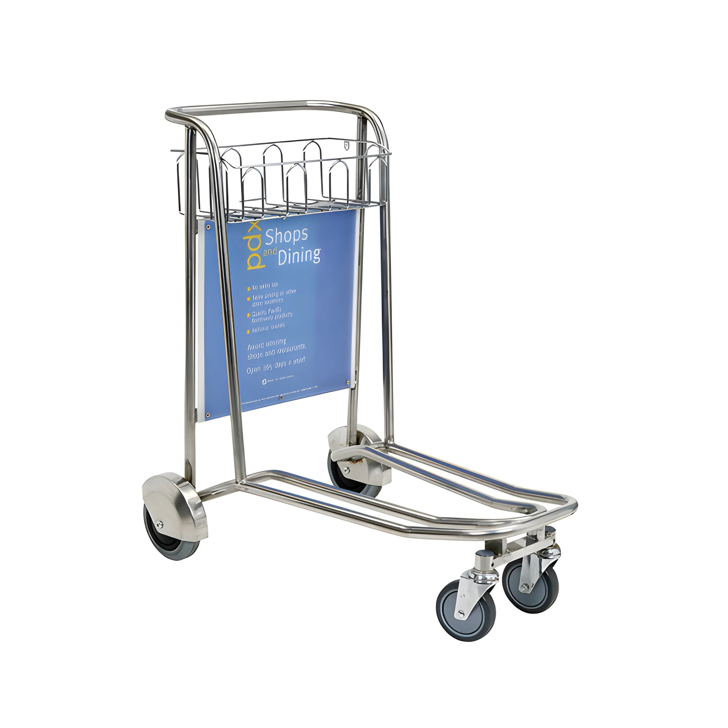Four wheel stainless airport luggage trolley offering stability for oversized baggage transport.