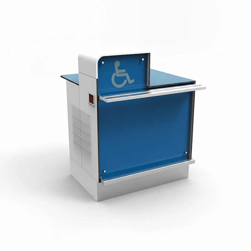 Elegant airline premium check-in podium with wooden paneling and dedicated space for monitor mounts.