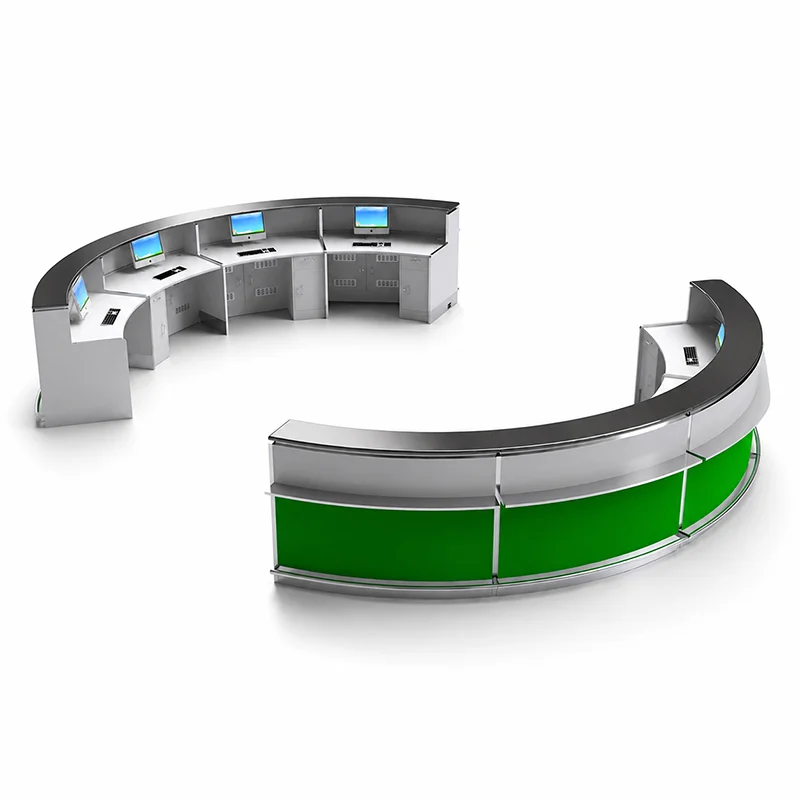 Custom modular airport check-in counter with brushed stainless steel frame and quartz worktop for modern terminals.
