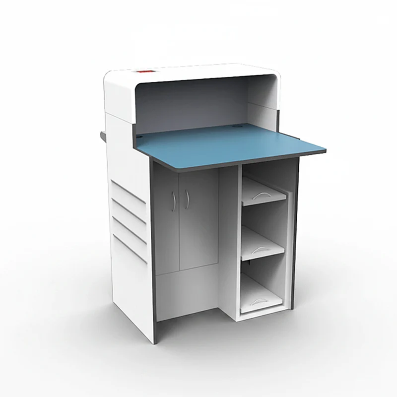 Locking pedestal drawer with key in airport check-in desk for valuables and cash management.