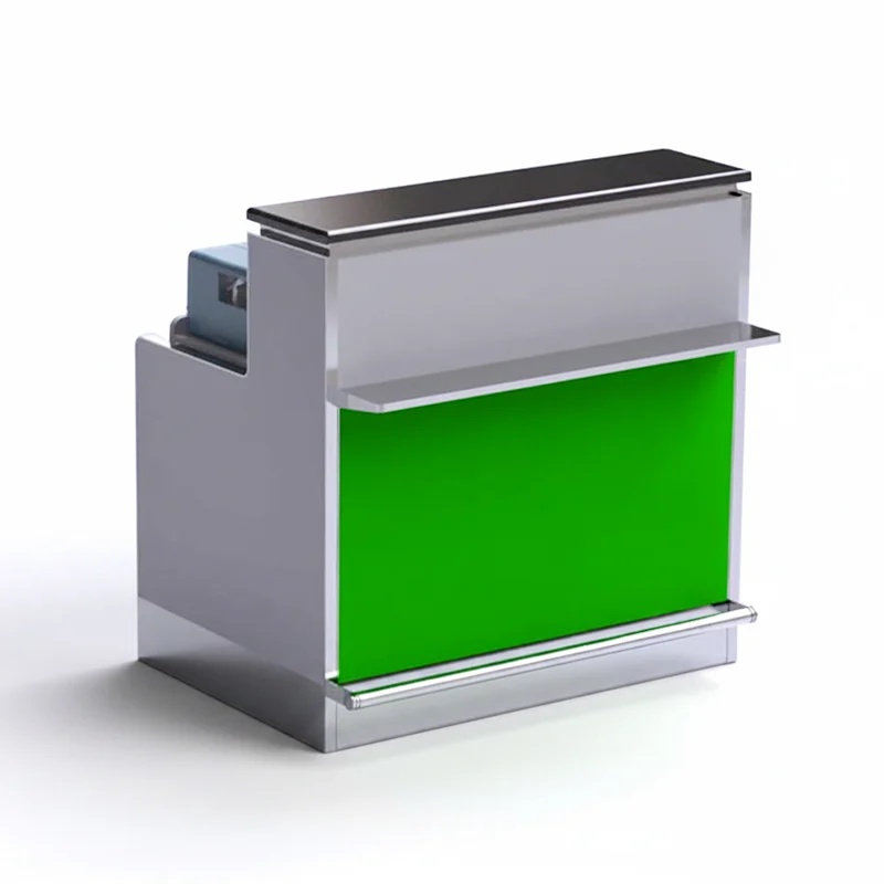 Curved airport concierge service station featuring soft-close drawers for storing guest maps and keys.