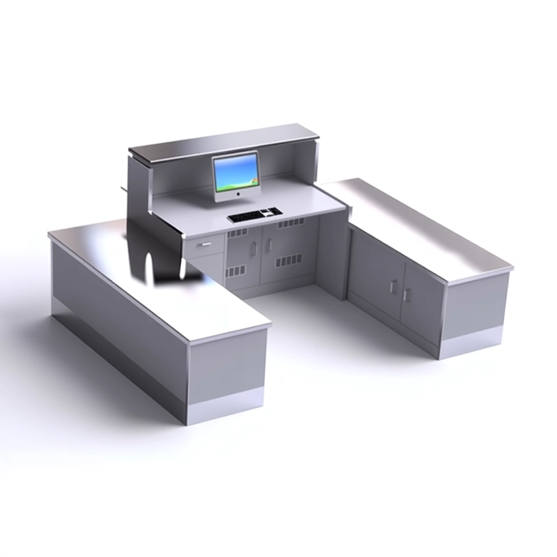 Brushed stainless steel airport counter edge detail with anti-fingerprint coating for high-traffic areas.