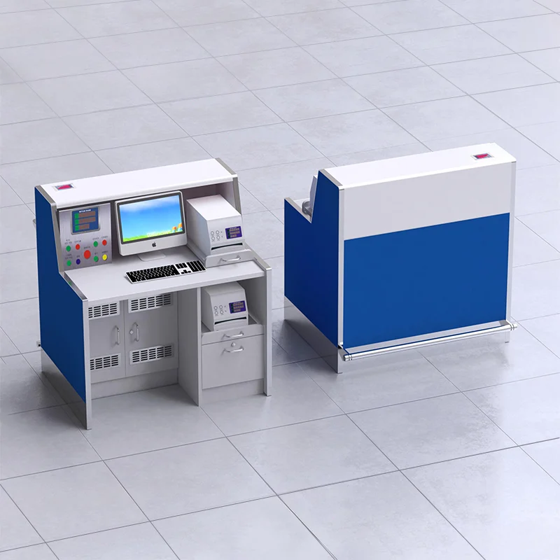 Built-in shelf unit inside airport desk for organizing operational manuals and reference documents.