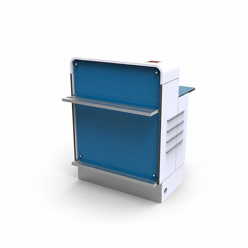 Standing-height airport immigration pre-check stand with passport document tray and scanner slot.