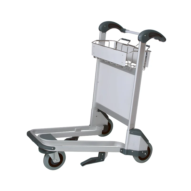 Airport luggage hand cart in aluminum for quick passenger assistance at drop off zones.