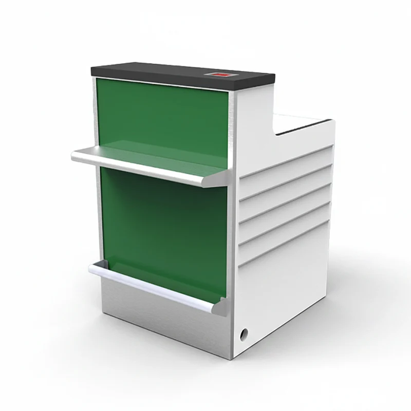 Modular airport retail display counter with locking glass showcases for luxury brand duty-free shops.