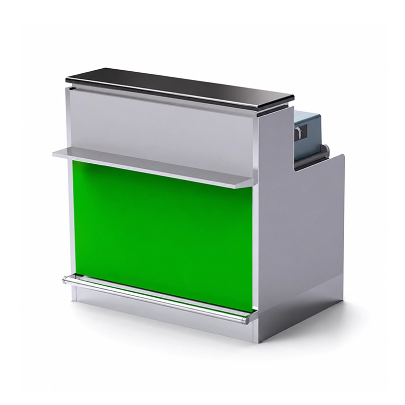 Custom black airport service desk fabrication with red LED under-lighting for premium business class area.