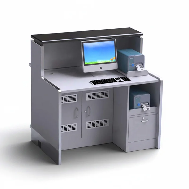 Sanitary airport staff triage medical desk with seamless solid surface for easy disinfection.