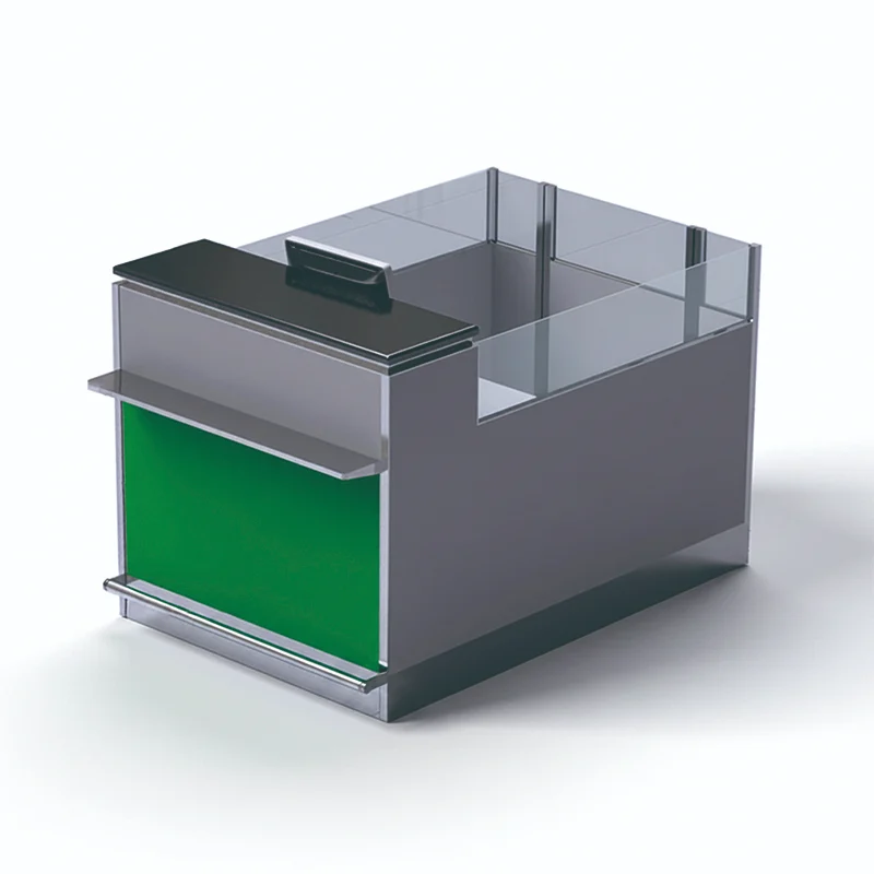 Luxurious airport VIP lounge reception counter with leather front panel and ambient task lighting.