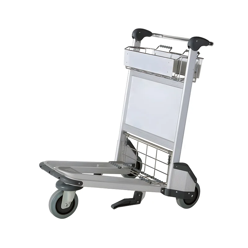 Aluminum airport cart with automatic hand brake system for safe maneuver in crowded airport terminals.
