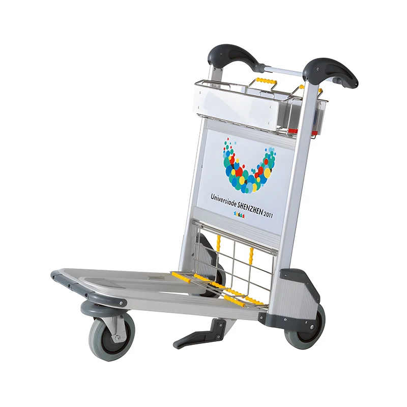 Lightweight aluminum airport luggage trolley with hand brake for passenger baggage transport in airport terminals.