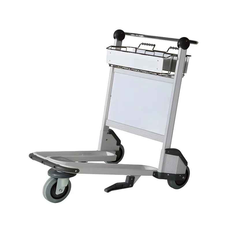 Aluminum airport trolley with polyurethane wheels for silent rolling and airport floor care.