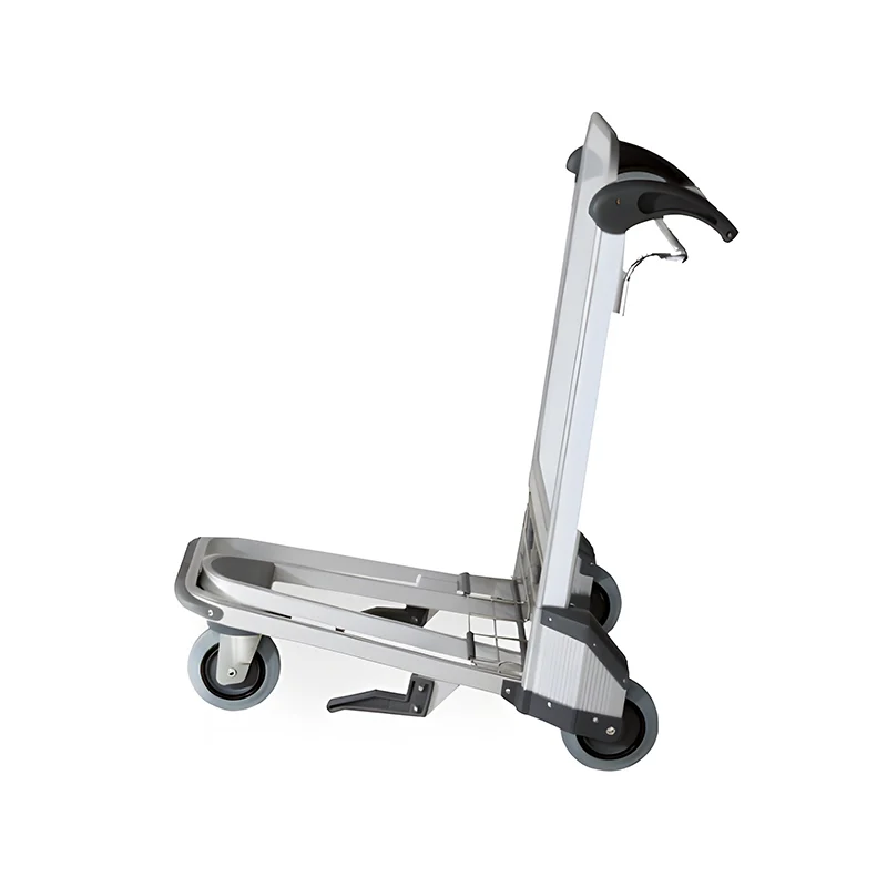 Aluminum airport trolley with silver anodized finish for sleek appearance and corrosion protection.