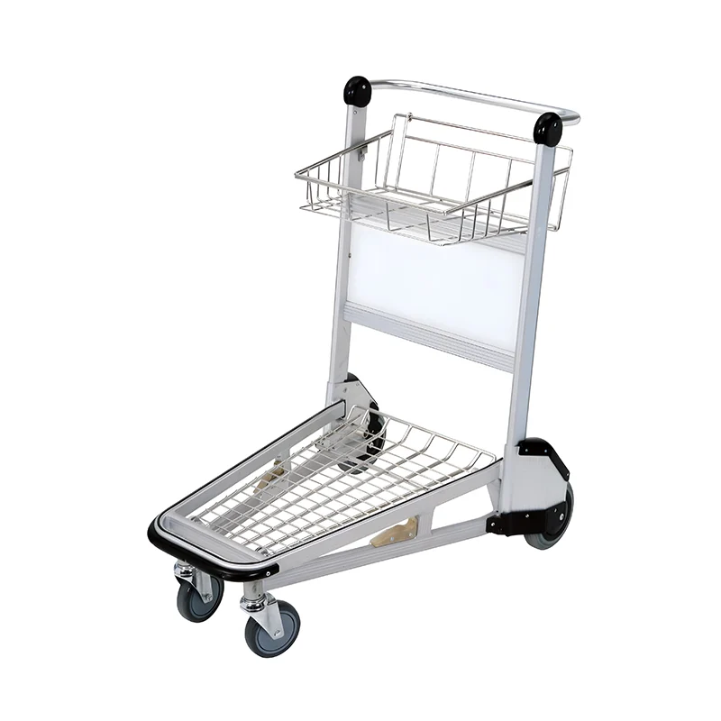 Aluminum hand brake airport trolley for secure stopping and safe passenger baggage handling.