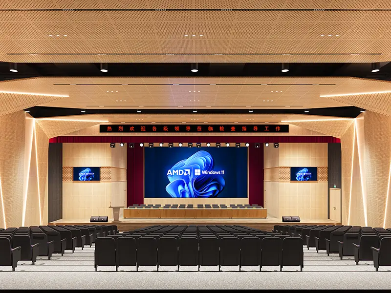 FLYA auditorium chairs installed in huazhong university lecture hall with tiered seating and flame-retardant fabric upholstery
