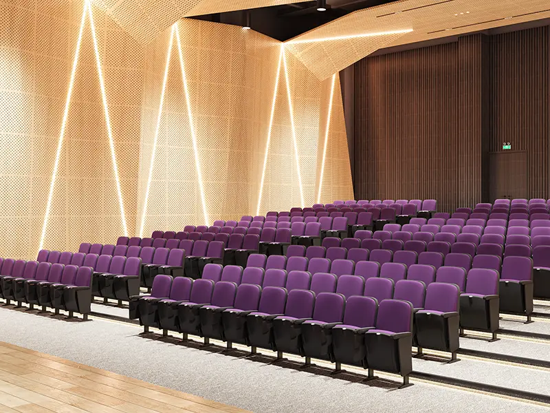 FLYA auditorium chairs installed in huazhong university lecture hall with tiered seating and flame-retardant fabric upholstery