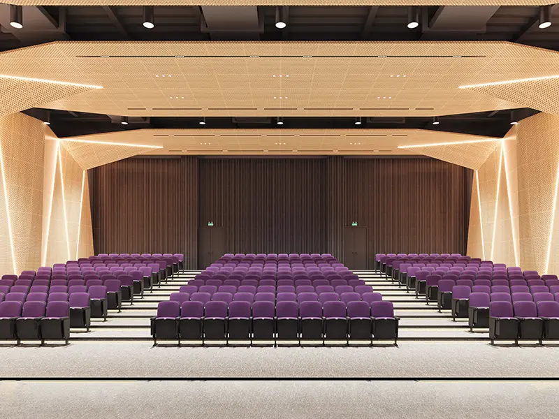 FLYA auditorium chairs installed in huazhong university lecture hall with tiered seating and flame-retardant fabric upholstery