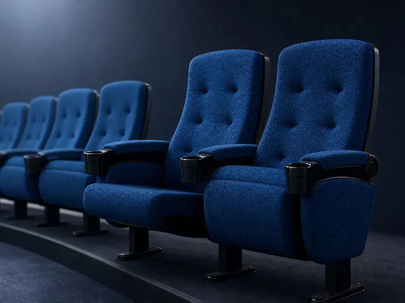 Movie theater auditorium chair with reclining option for comfort during long film.