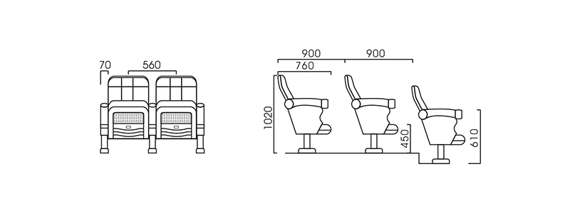 Multi-layer foam cushioning system on theater seat showing different densities for comfort and support