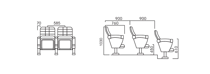 Standard cinema chairs installed on sloped auditorium floor ensuring optimal sightlines for all audience members