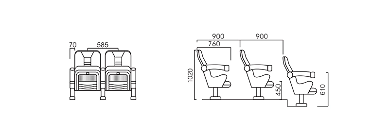 Side profile of standard cinema theater chair showing seat depth and backrest angle for comfortable viewing posture