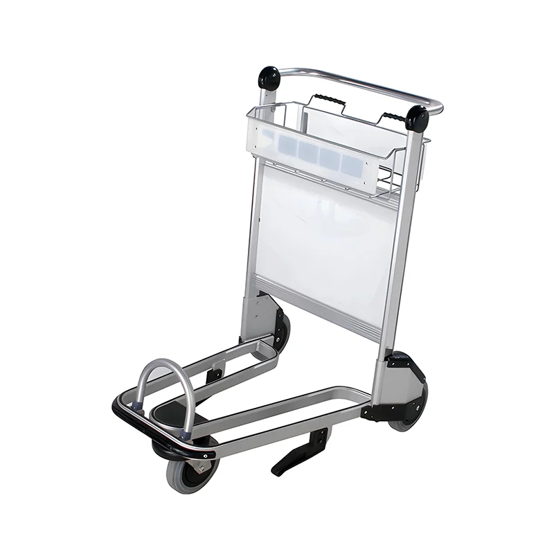 Commercial grade aluminum airport trolley designed for heavy duty luggage transport at airports and hotels.