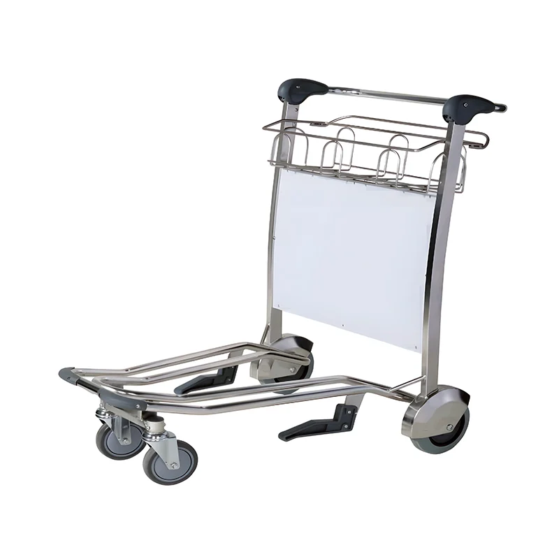 Commercial stainless steel airport cart built for continuous use in high traffic terminal environments.