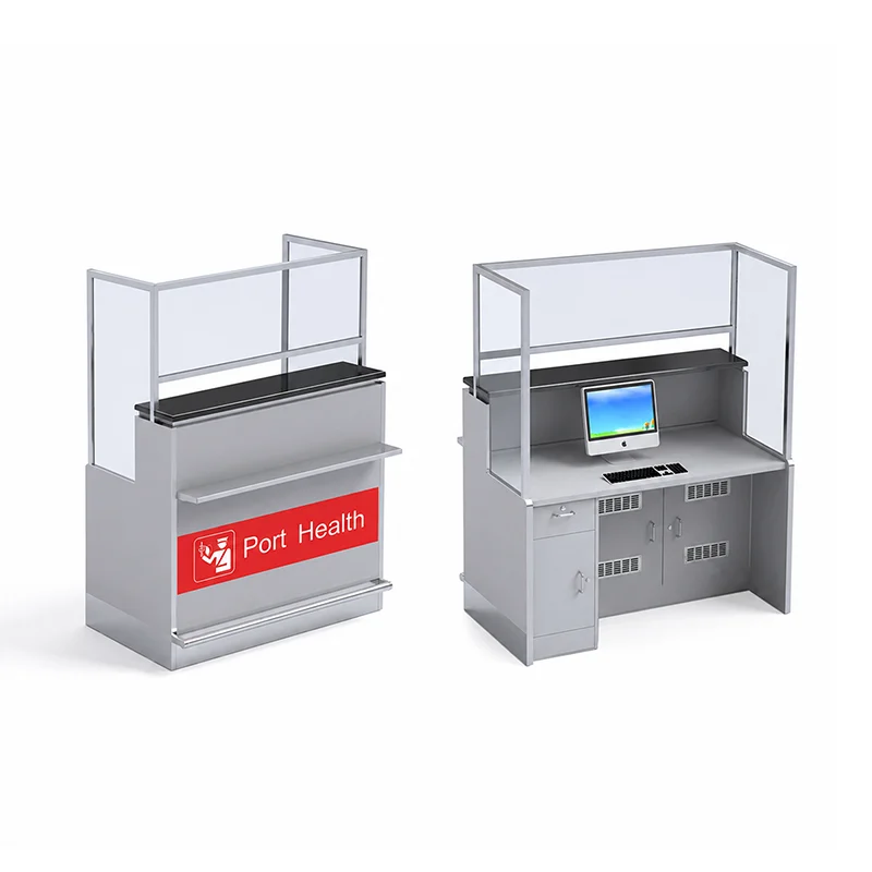 Double-sided airport crew workstation allowing two agents to work back-to-back sharing cable access.