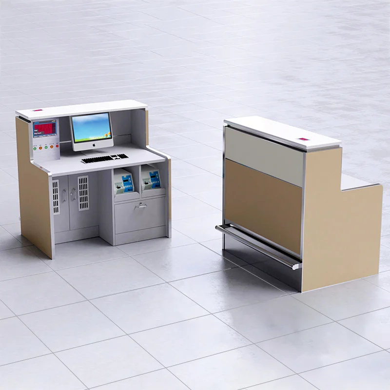 Ergonomic airport counter design on staff side featuring anti-fatigue mat recess and wrist rest.