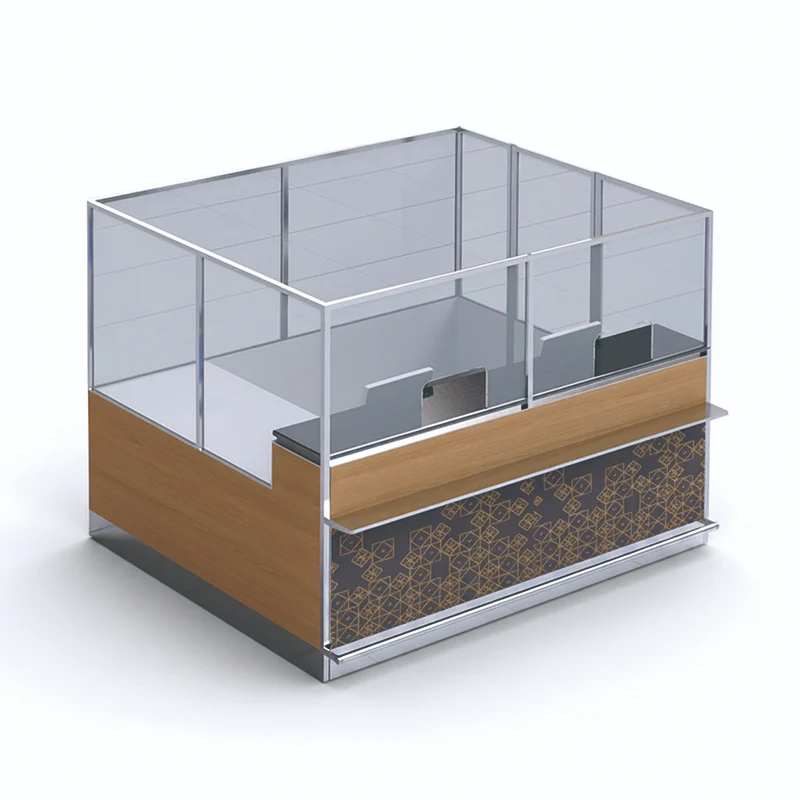 Expandable airport duty-free counter with folding side leaves for peak hour traffic management.