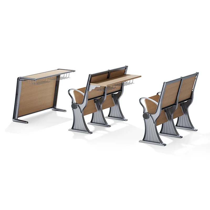 School cafeteria bench seating with fixed table for student dining area.