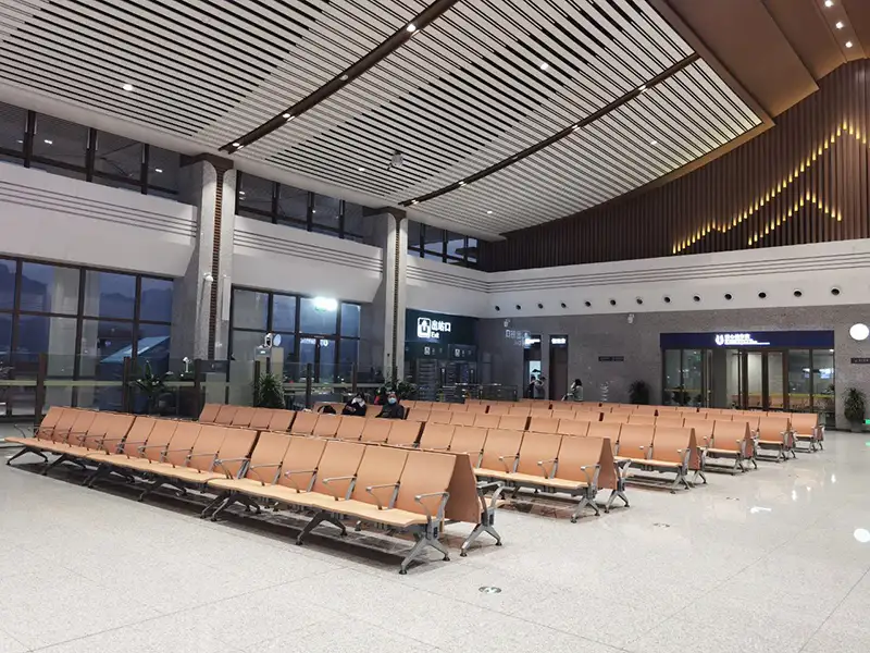 FLYA durable waiting chairs installed in guzhang high-speed rail terminal concourse with comfortable PU cushions and heavy-duty frame