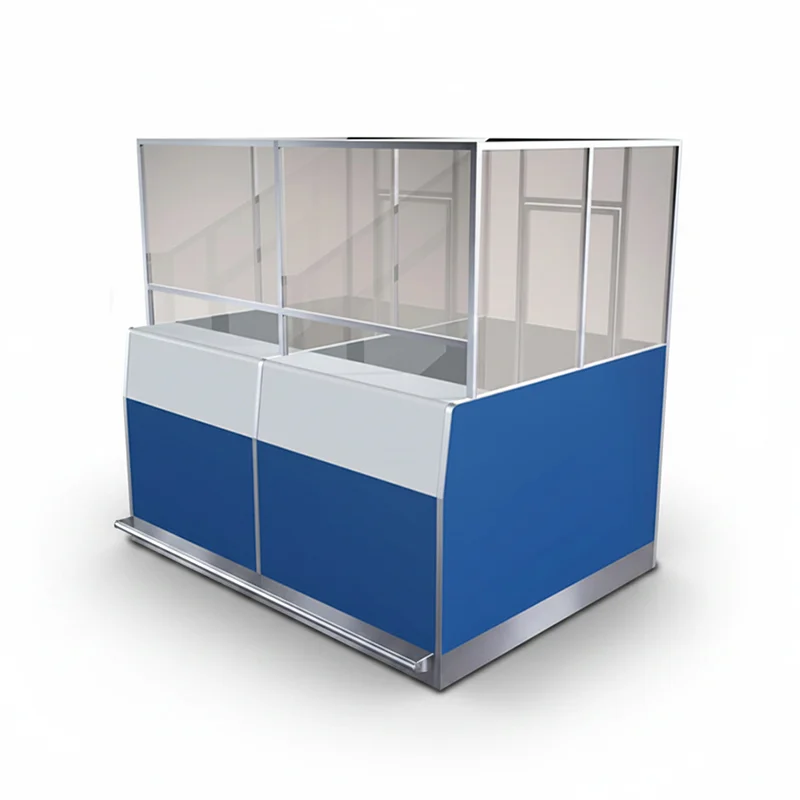 Interchangeable airport counter panel system enabling fast rebranding or color changes for different airlines.