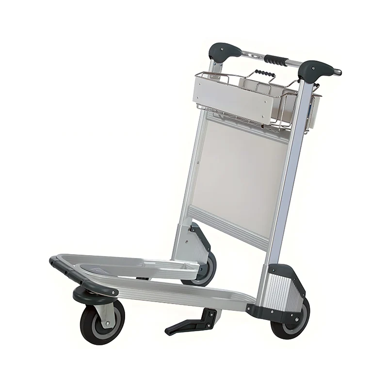 Lightweight aluminum baggage cart for airport use with 250kg load capacity and durable rubber wheels.