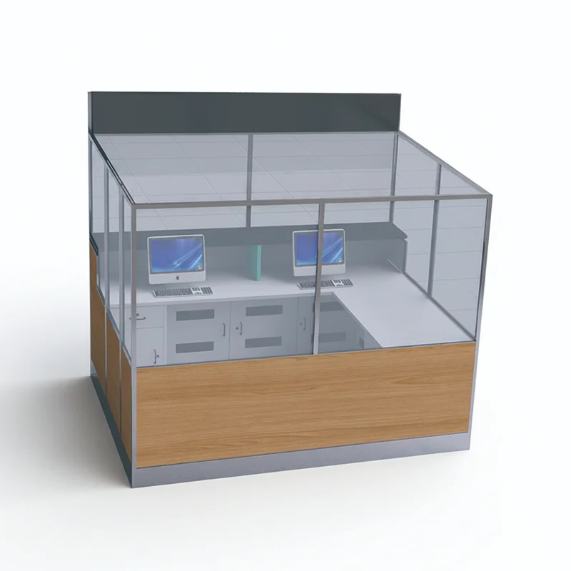Modular airport workstation cubicle with sound-absorbing panels for transit office back-of-house areas.