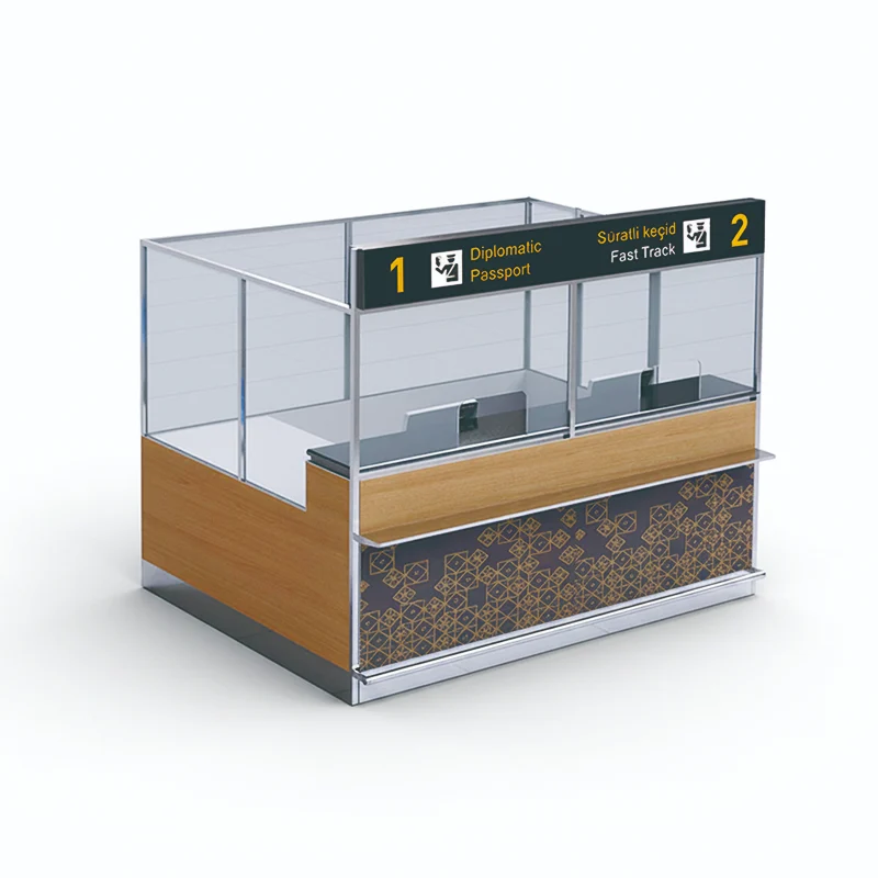 Rolling multi-purpose airport service trolley fitting under counter for mobile storage of forms and supplies.