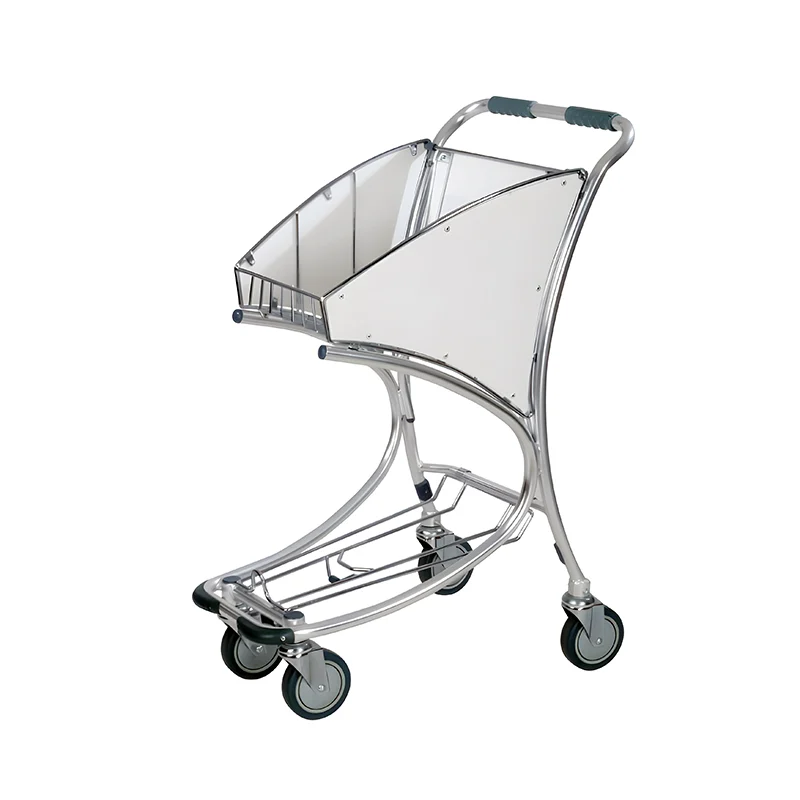 Nesting stainless steel airport trolley allowing multiple carts to stack for space efficient storage.