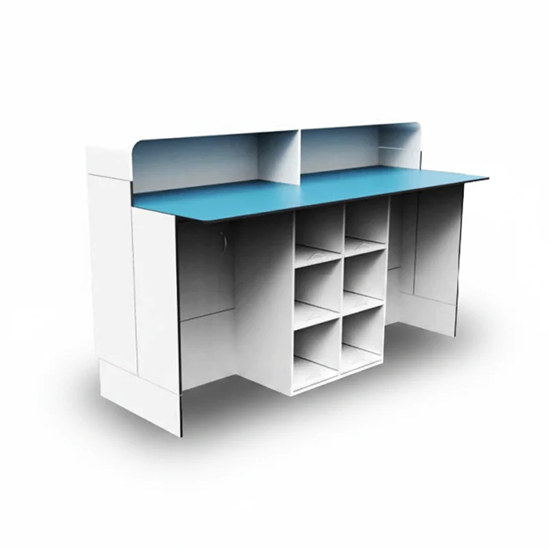 Comparison of old worn airport desk versus new custom fabricated unit showing upgrade benefits.
