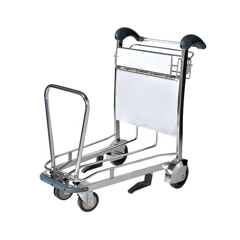 Polished stainless airport luggage cart with electropolished finish for easy cleaning and hygiene.