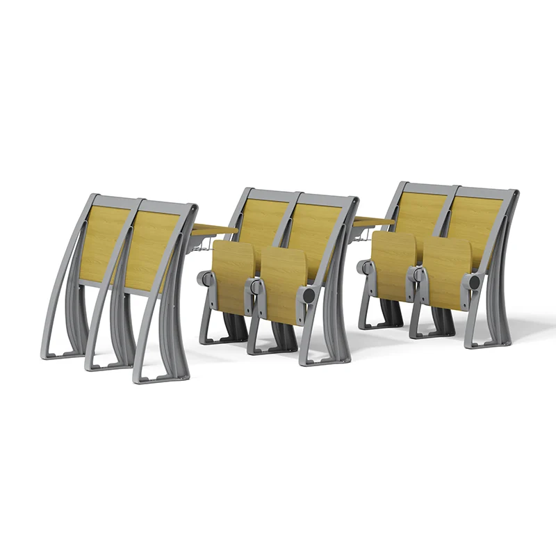 FLYA lecture hall chairs in presentation venue with writing tablets and comfortable cushioning,