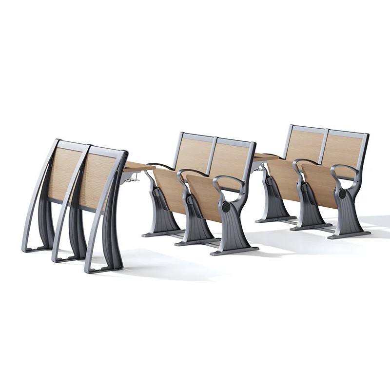 School chair with ganging clip for row alignment in standard classroom setup.