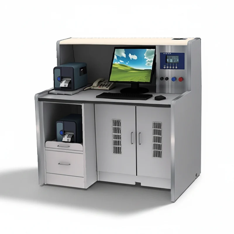 Automated spray painting booth applying even coating to airport service desk front panels.