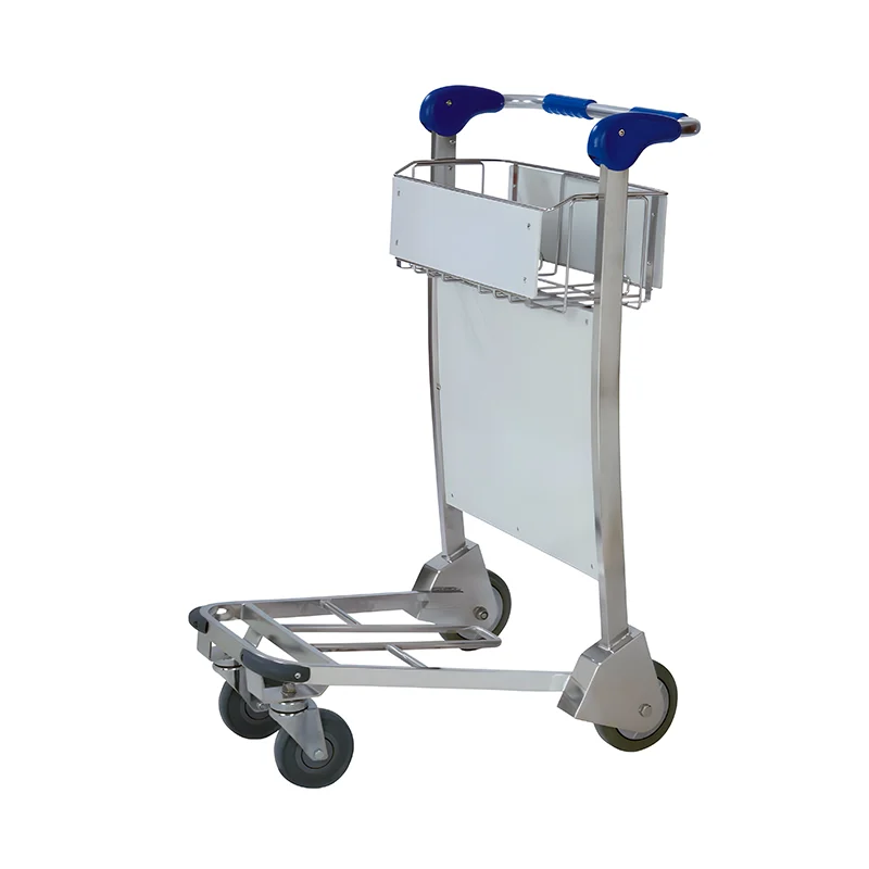 Stainless steel airport cart with automatic brake system for passenger safety at busy terminals.