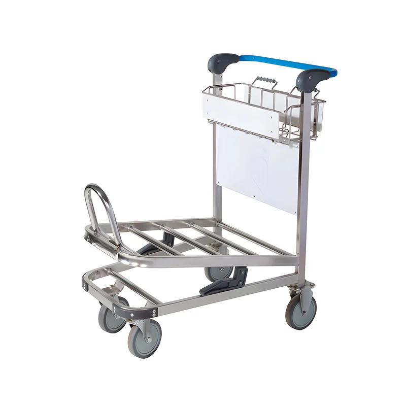 Stainless steel airport luggage trolley with superior corrosion resistance for long term terminal durability.